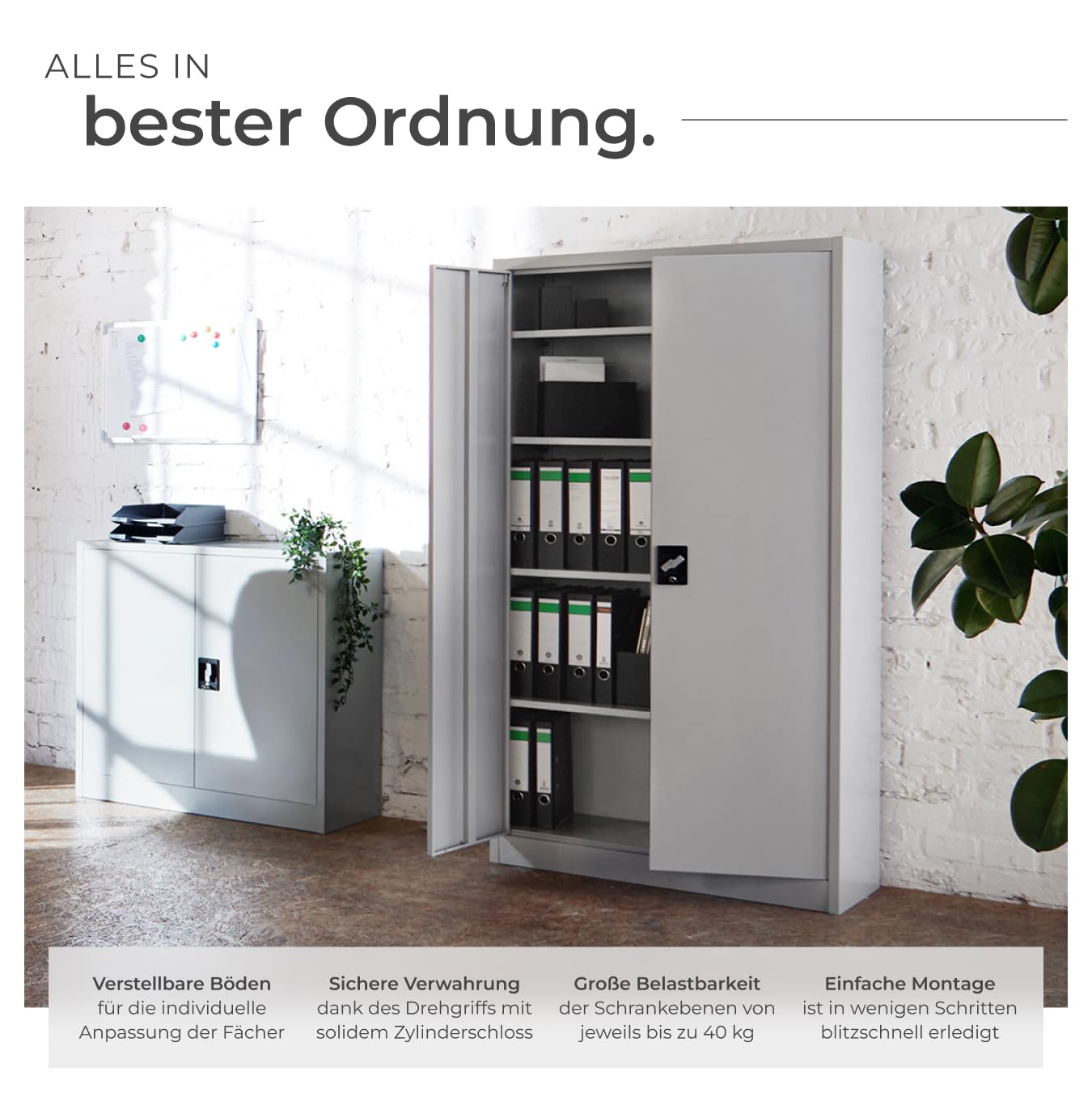 tectake® Aktenschrank abschließbar, Schrank Büro, Metallschrank zur Werkstatteinrichtung, Besenschrank, Vorratsschrank, Werkstattschrank, Spind Schrank mit 4 Fächern - grau, 140 x 90 x 40 cm