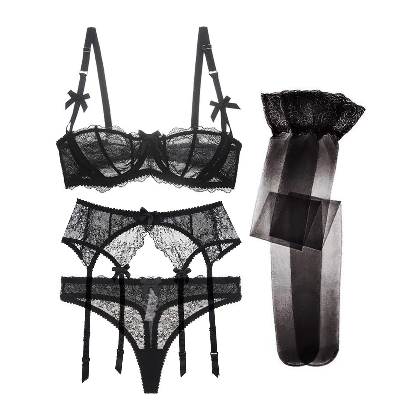 varsmissLace Sexy Bra Set with Suspender Belt Stockings 4 Pieces Unlined Lingerie