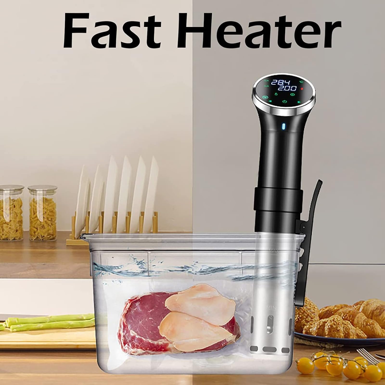 WiFi Sous Vide Cooker SJ-S015W, máquina de inmersión térmica de 1100 W, circuladores de circulación de agua 3D, calefacción con aplicación preestablecida y recetas de máquina, bajo aspiradora,