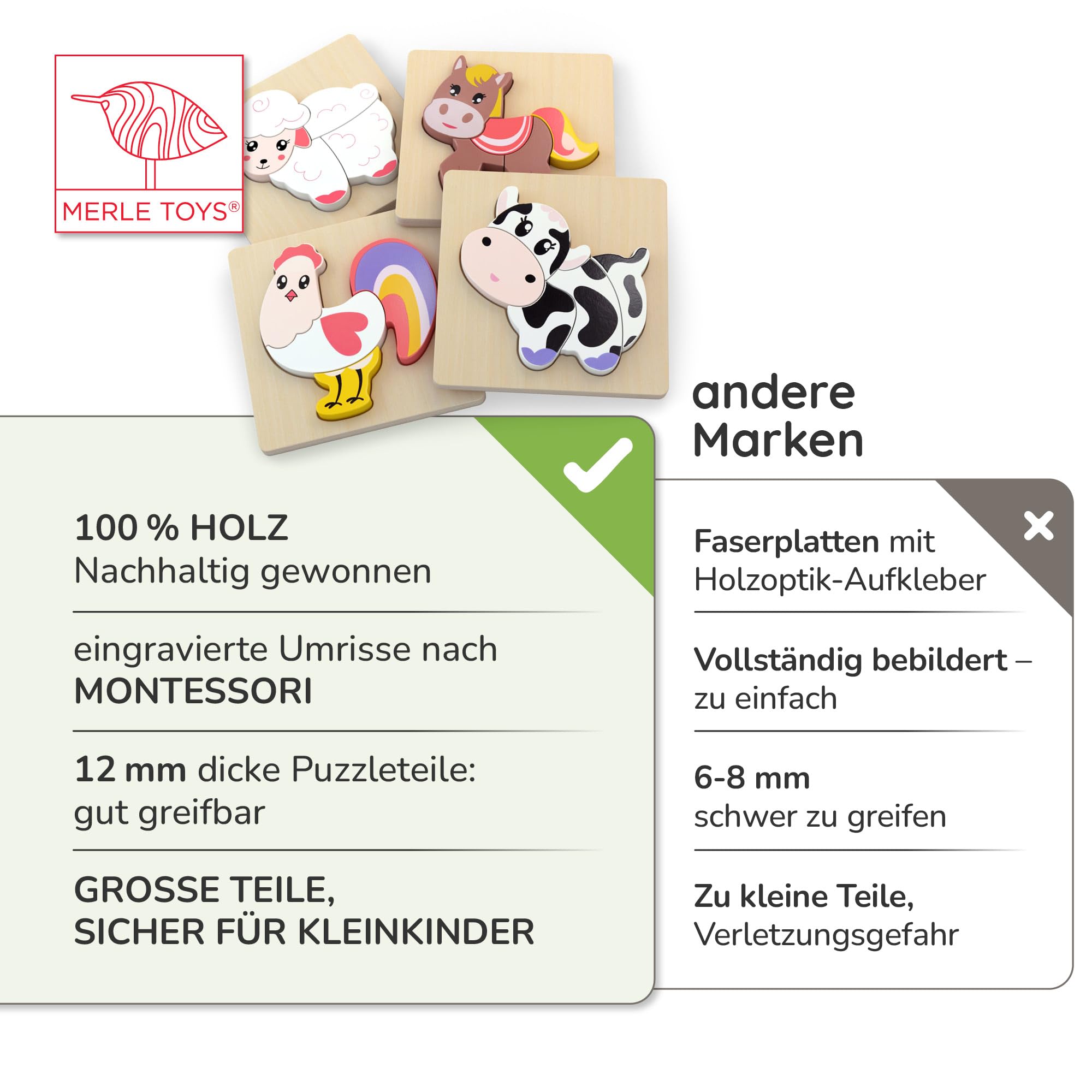 Merle Toys® Holzpuzzle 1 Jahr, Kinder Holzpuzzle ab 2 Jahre, 100% nachhaltig, 4X Greifpuzzle Tiermotive, Montessori Puzzle mit Hilfslinien, Baby Puzzle ab 1 Jahr, Holz Steckpuzzle mit 19 großen Teilen