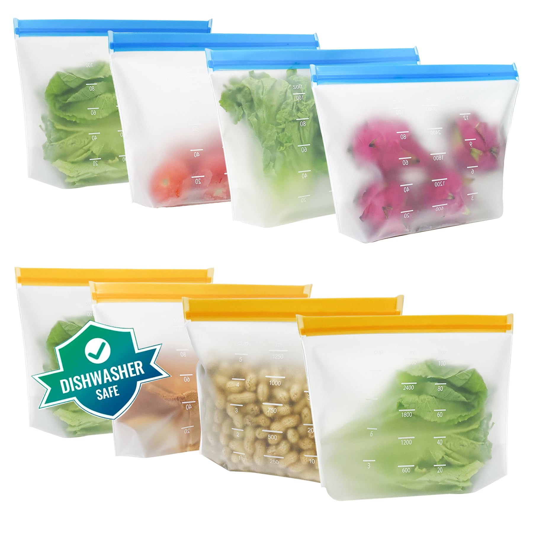 8 Pack bolsas silicona reutilizables,3.2L Bolsas de almacenamiento de silicona reutilizables Verticales,bolsa de silicona reutilizable para almacenar verduras de Cocina,Frutas, aperitivos y Sandwich