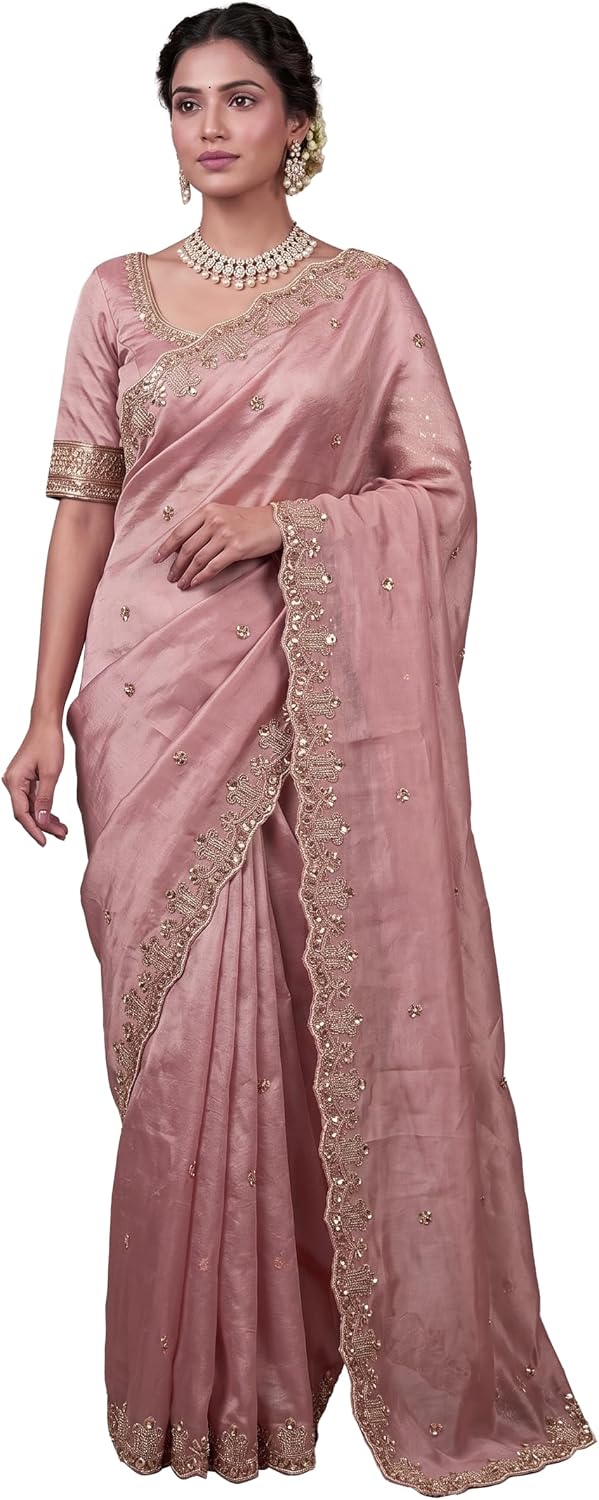 TRENDMALLS Women's Art Silk Beads Embroidery With Sequence Work Saree with Unstitch Blouse Piece For Women