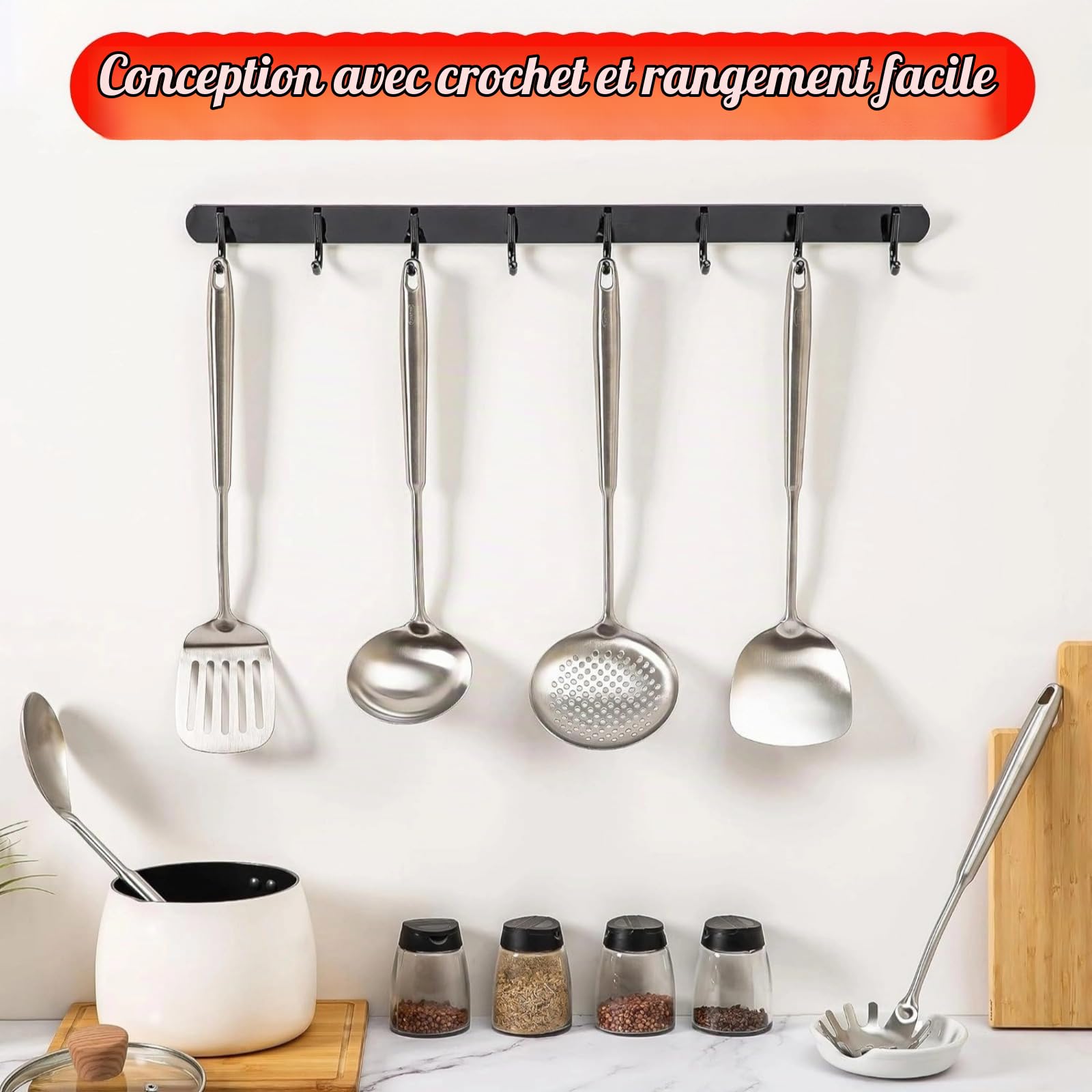 Set of 6 Stainless Steel Kitchen Utensils Spatula Ladle Spoon | Professional Dishwasher Handle Stainless Steel Kitchen Utensils, Long Anti-Burning for Wok Cast Iron Frying Pan Non-Stick