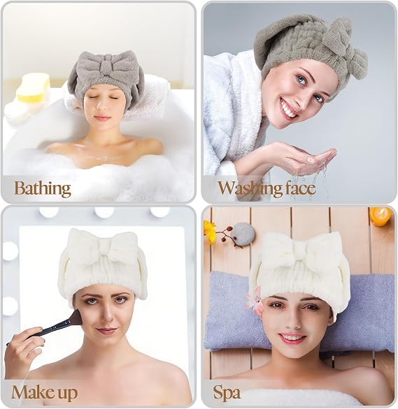 2Pcs Shower Cap Hair Towel Wrap for Women Ultra Absorbent Microfiber Hair Drying Caps with Cute Bow, Soft Plush Hair Towel Wraps for Women Girls (White&Gray)