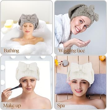 2Pcs Shower Cap Hair Towel Wrap for Women Ultra Absorbent Microfiber Hair Drying Caps with Cute Bow, Soft Plush Hair Towel Wraps for Women Girls (White&Gray)