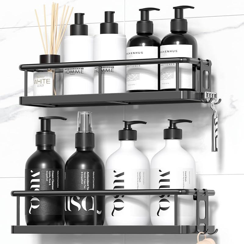 YASONIC Shower Caddy Adhesive, Rustproof Shower Organizer, Large Capacity Shower Shelves for Inside Shower, No Drilling Bathroom Organizers and Storage for Home Decor （2 Pack Black）