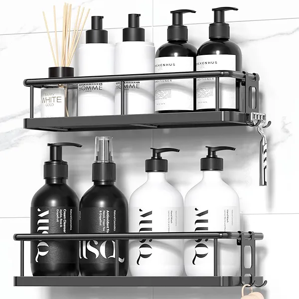 YASONIC Shower Caddy Adhesive, No Drill Bathroom Shower Organizers, with Removable Hooks, Rust Proof Shower Shelves, Wall-Mounted Shower Holder, Black, 2 Pack