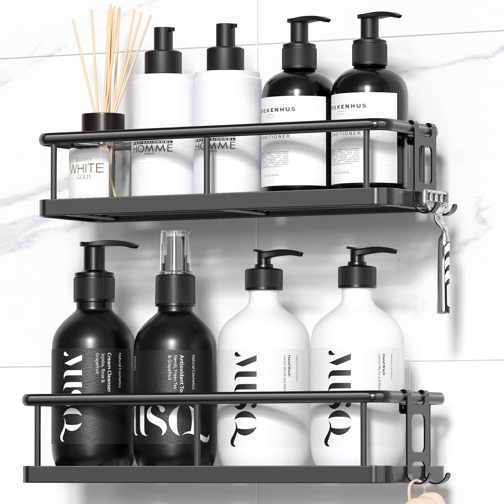 YASONIC Shower Caddy Adhesive, No Drill Bathroom Shower Organizers, with Removable Hooks, Rust Proof Shower Shelves, Wall-Mounted Shower Holder, Black, 2 Pack