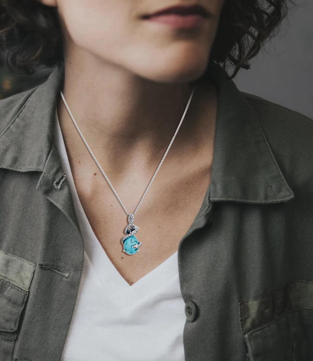 Genuine Turquoise Snake Teardrop Pendant Necklace, Sterling Silver Vintage Boho Native American Western Jewelry Birthdays - Image 3