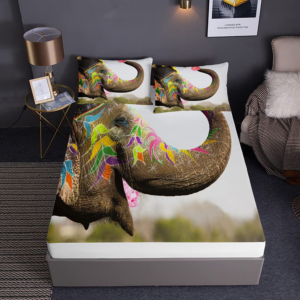 Lenzuola Con Angoli Elefanti Nel Deserto – Microfibra Morbida Stampa 3D, Matrimoniale 200x200x30 Cm + 2 Federe 50x80 Cm