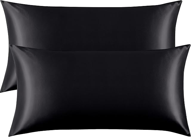 FLXXIE 2 Pack Satin Pillowcases for Skin and Hair, Luxurious and Silky King Pillow Cases with Envelope Closure, Black, 50x90 cm
