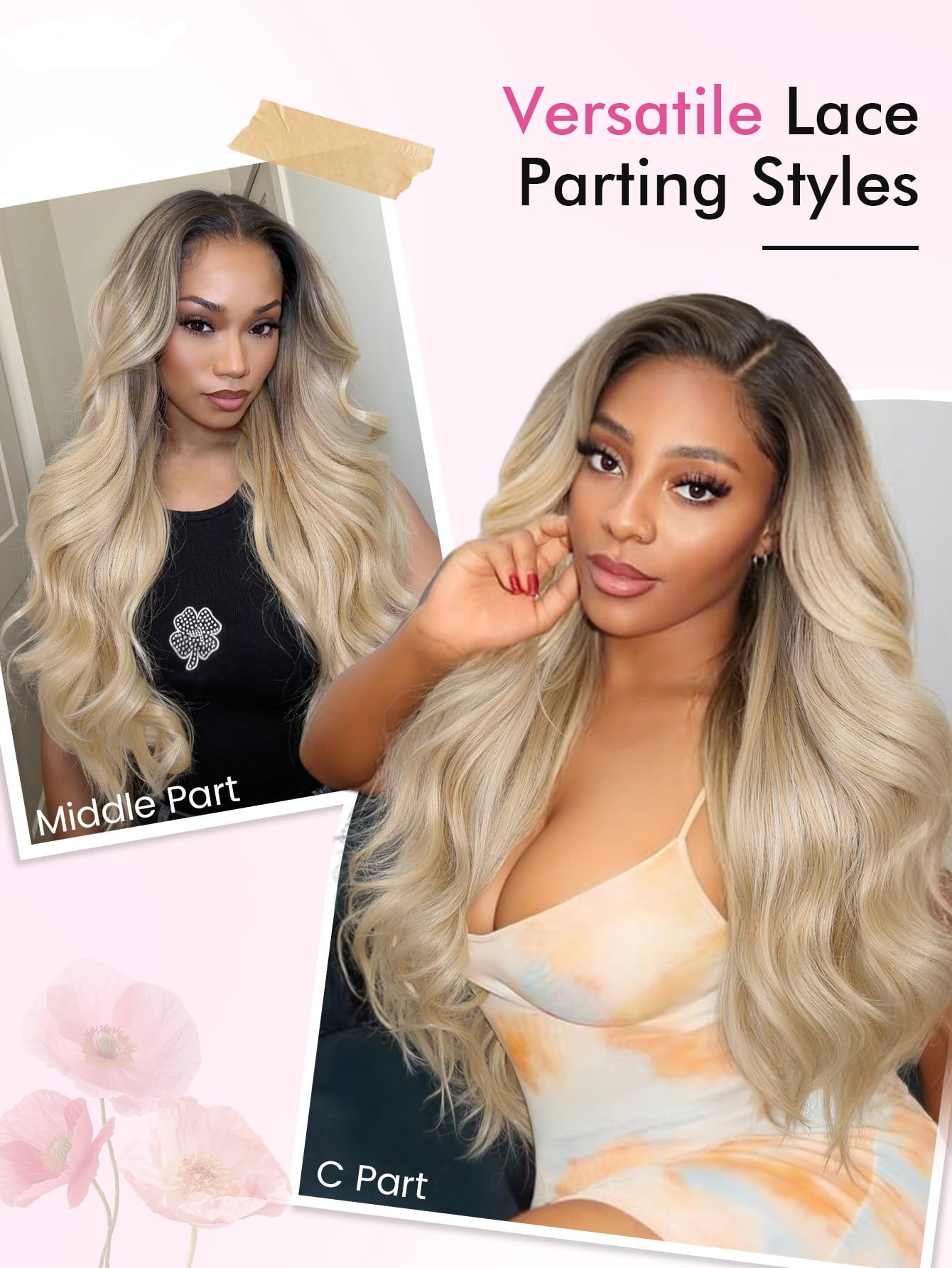 WIGNEE 13x6 Lace Front Wig Ombre Blond Flip Curl Salonowy Styl Dla Kobiet | Włókno Futura odporne na ciepło, Bezklejowa HD Lace Front falista peruka, 74 cm modne Flip Curl dla kobiet