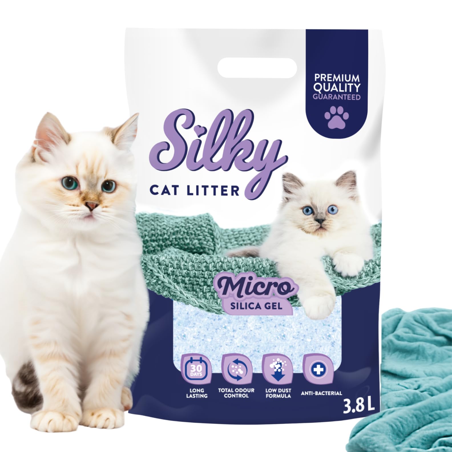 Silky Mikro Silikat-Katzenstreu 3,8L | 30,4L Satz | Staubfrei, Geruchskontrolle, Saugfähig, Bakterienhemmend, Sanft zu Pfoten, Lang anhaltende Frische, Silica |8er-Pack