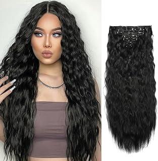 Curly Clip In Hair Extension 7PCS Natural Thick Deep Wave Hair Extension Clips Synthetic Long 24 inch hair extensions clip in Hairpiece (1B#(Pack of 7))