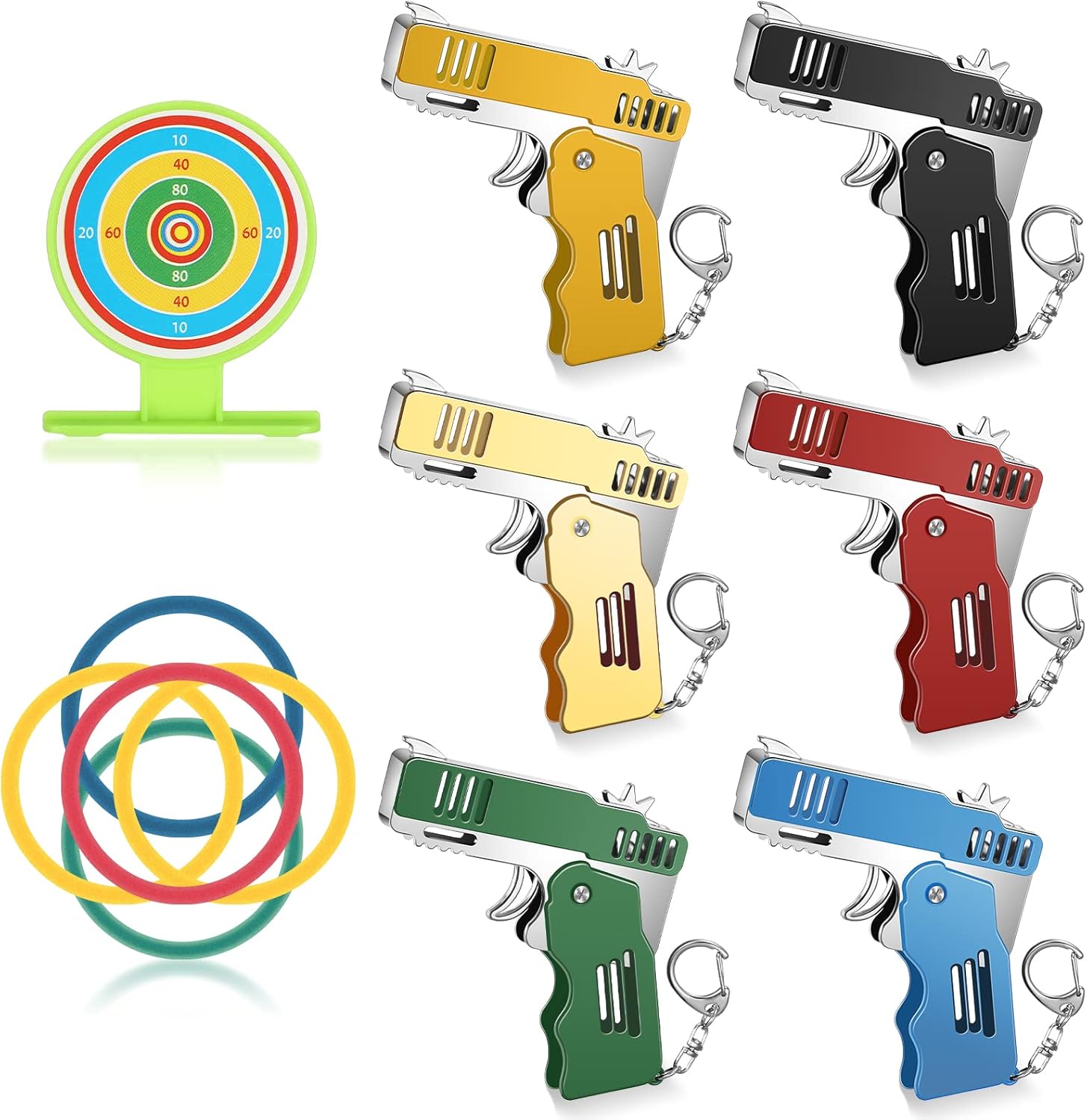 6 Set Mini Metal Folding Pistol - Rubber Band Shooter with Keychain for Shooting Game