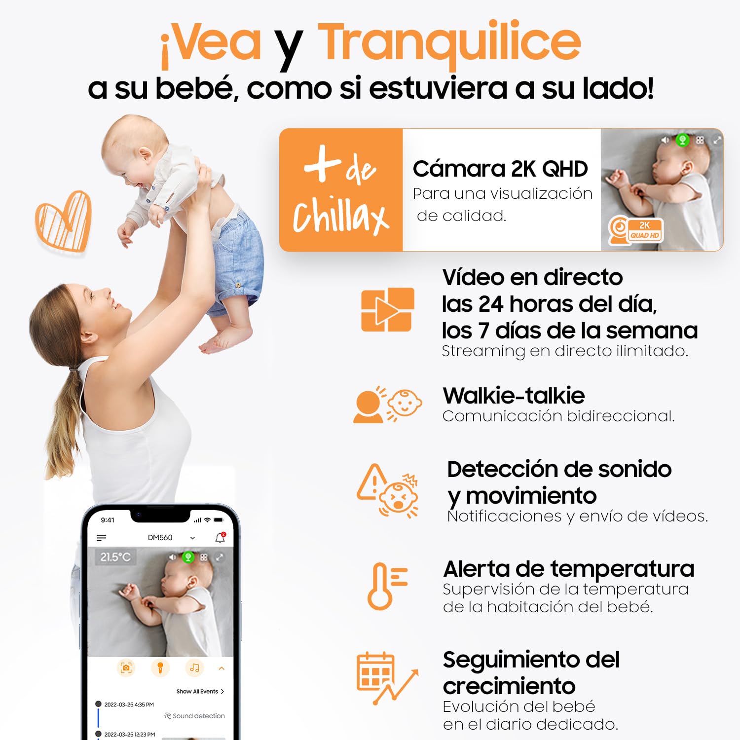 CHILLAX - Cámara para bebés Candle - 2K QHD 360° panorámica controlable en Remoto - Compacta - Visión Nocturna - Sensor de Temperatura con Alarma - Walkie-Talkie - Luces nocturnas y Nanas- con App