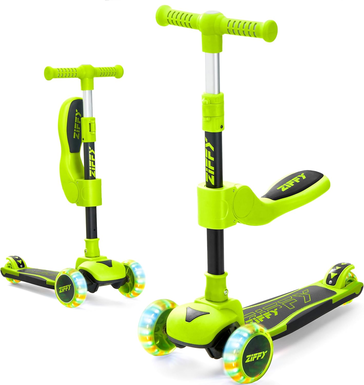 JOVA ZIFFY 2-in-1 Folding Scooter with Seat, LED Light-up 3 Wheel Scooter, Anti-Slip Surface, Adjustable Height Handlebars, Kids Riding Toys for Ages 3-12, Green (Up to 110 Lbs)