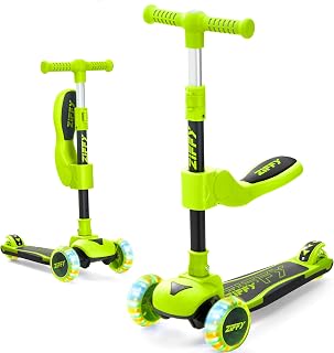 ZIFFY 2-in-1 Toddler Scooter with Seat, 3 Wheel Scooter with LED Lights, Anti-Slip Surface, Adjustable Height Handlebars and Foldable Seat, Toys for Kids Ages 3-12 (Up to 110 Lbs)