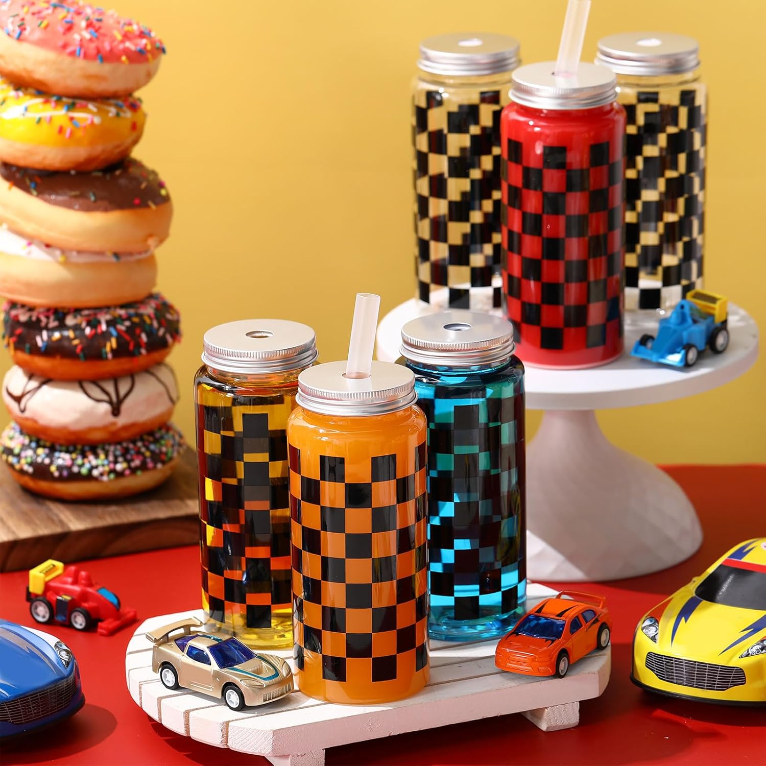Patelai 12 Pack Race Car Cups 13.5 oz Plastic Tumbler with Lid and Straw Checkered Flag Party Supplies Clear Black Plaid Cups for Race Car Birthday Sports Themed Party Supplies - Image 6
