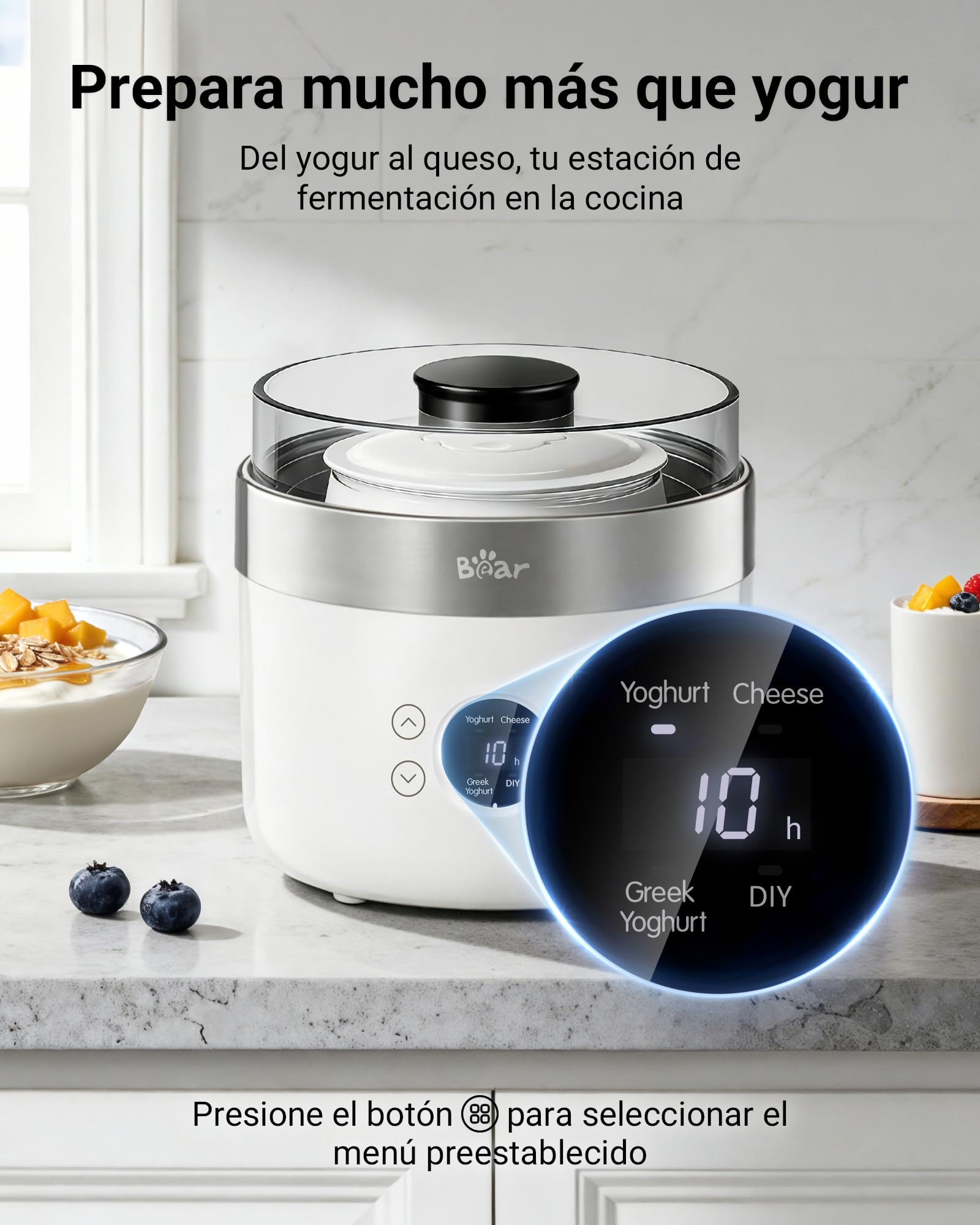 Bear Yogurtera y elaboradora de queso fresco, con 4 vasitos de porción en cerámica de 125 ml, 2 recipientes de cristal XXL de 1 litro y 4 programas preajustados para yogur griego y queso