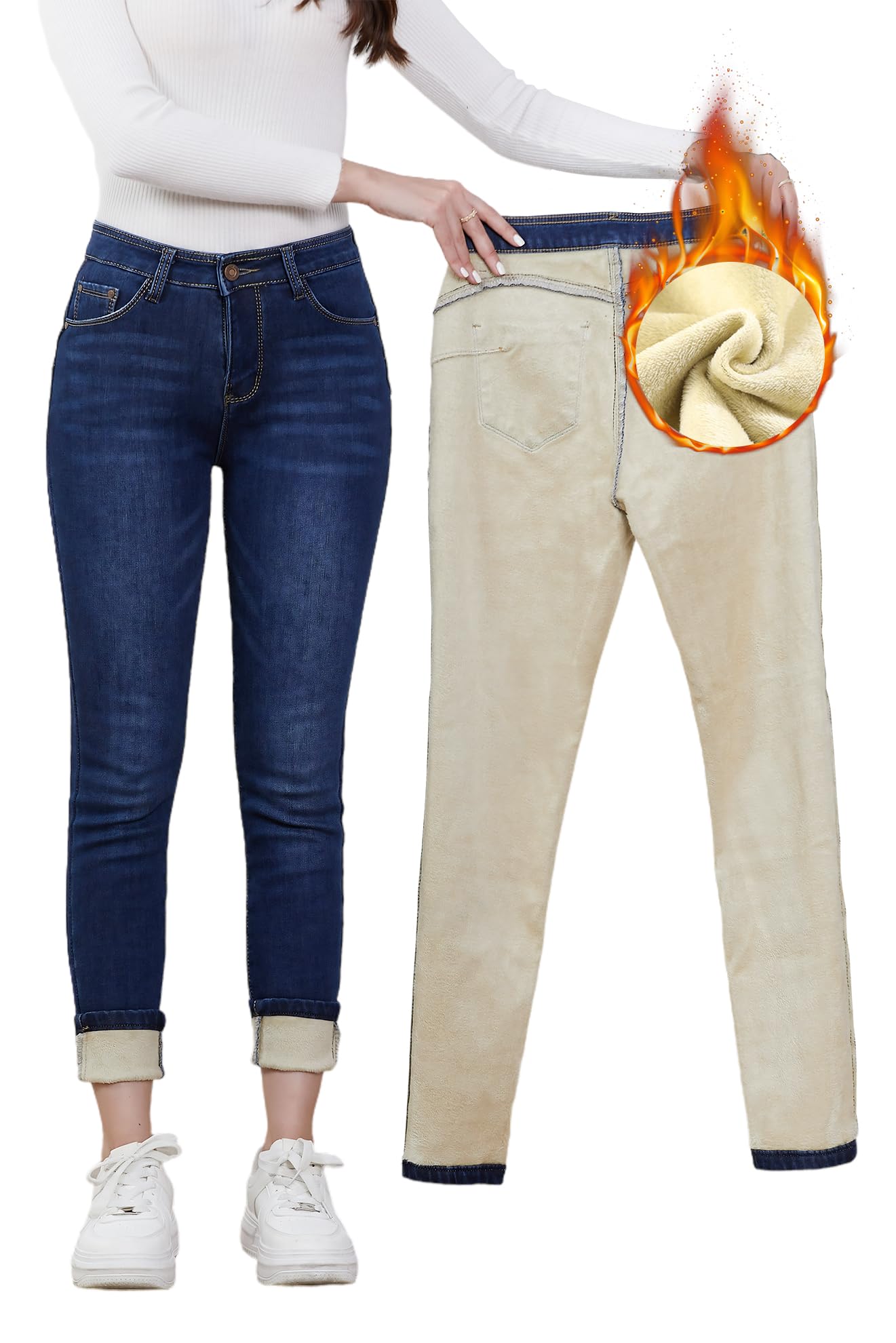 Merlvida Jeans Termici Donna Vita Alta Push Up, Pantaloni Jeans Foderati Invernali, Jeans Aderenti con Interno in Pile, Leggings Felpati in Denim Elasticizzati e Caldi