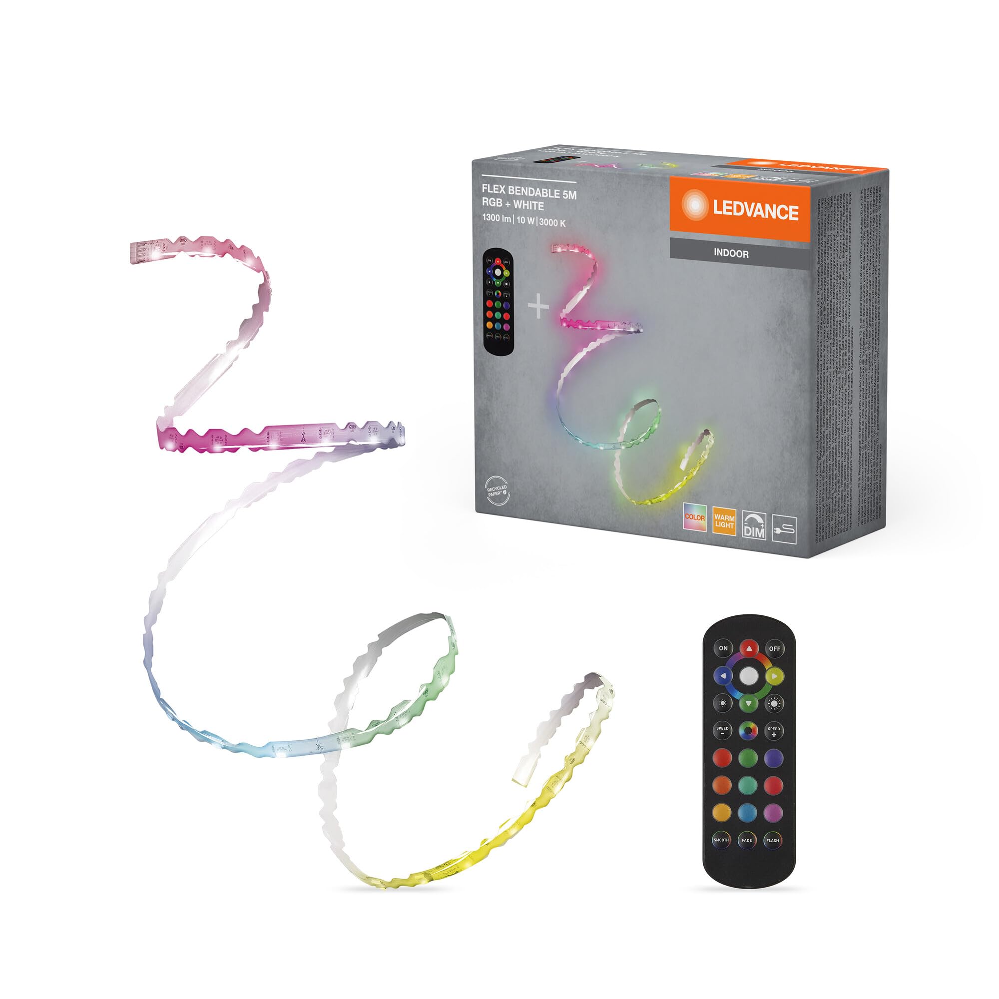 LEDVANCE Flex Bendable RGBW LED Streifen 5M, inkl. Fernbedienung, selbstklebend, dimmbar, mit Batterie und Montagezubehör