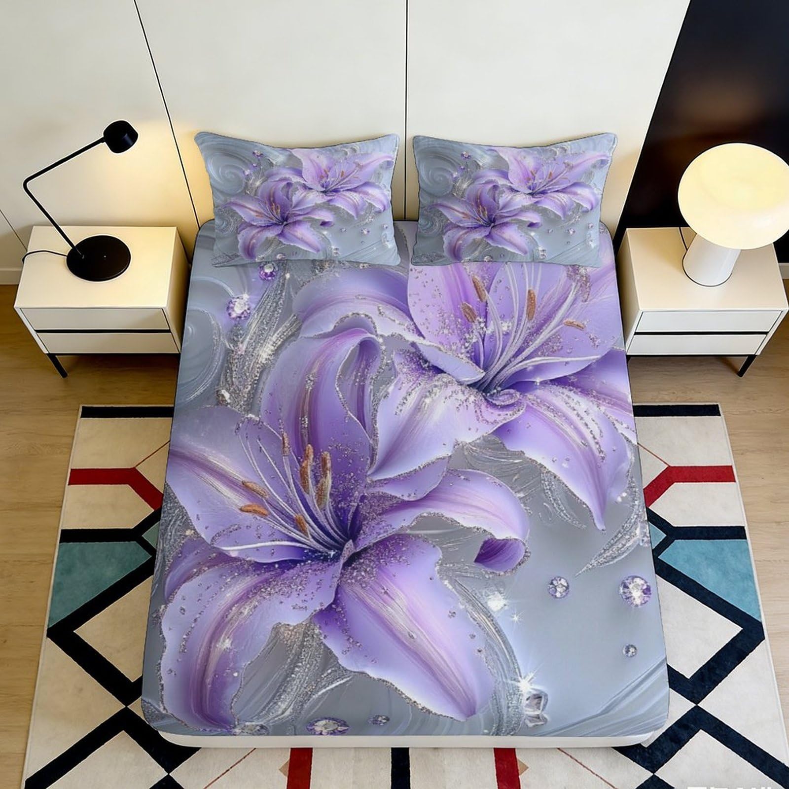 Elegant Purple Lily 3D Printed Fitted Sheet, Soft Touch Microfiber, Wrinkle Resistant, Bedroom Decor, Apartment Bedding, Dustproof Bed Cover 90x200x25cm