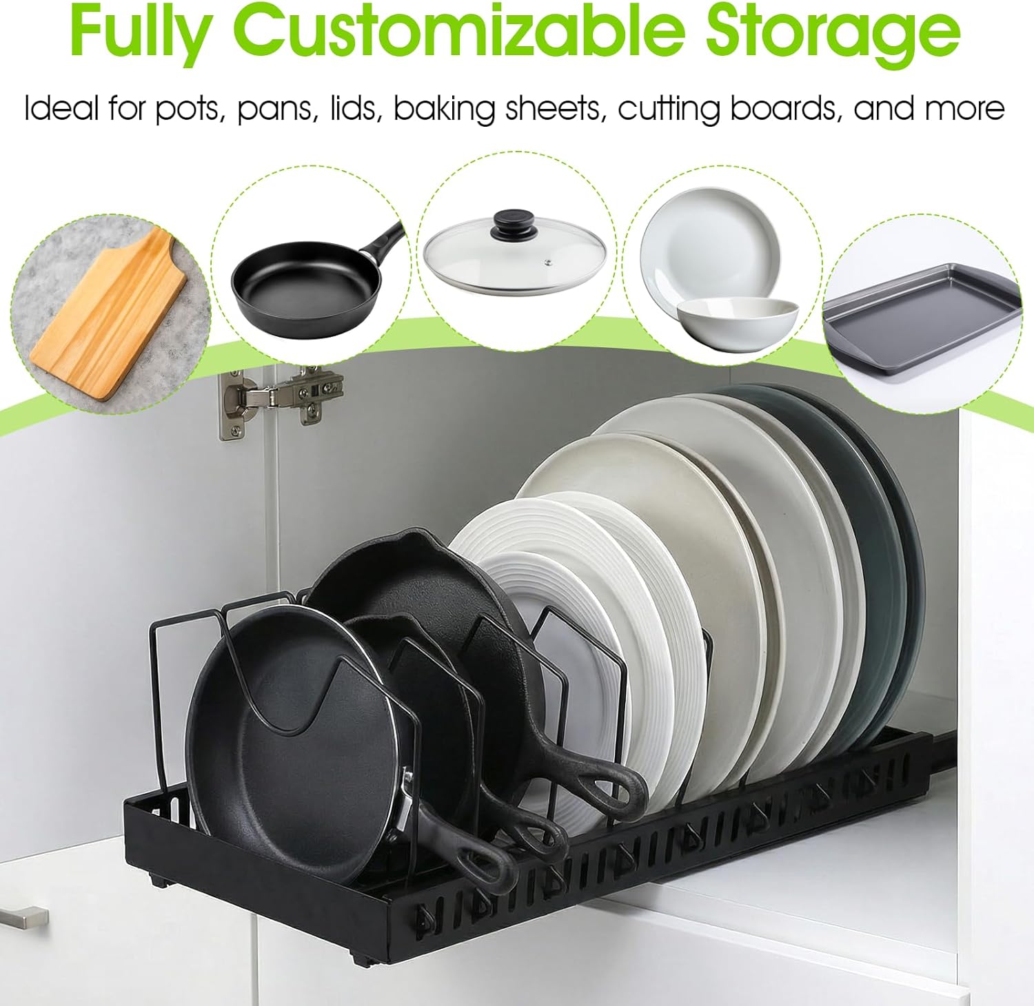 2 Pack Pull-Out Pots and Pans Organizer Under Cabinet, Slide-Out Pot Lid Holder with 8 Adjustable Dividers, No-Drill Adhesive Kitchen Cabinet Storage Rack (Black)