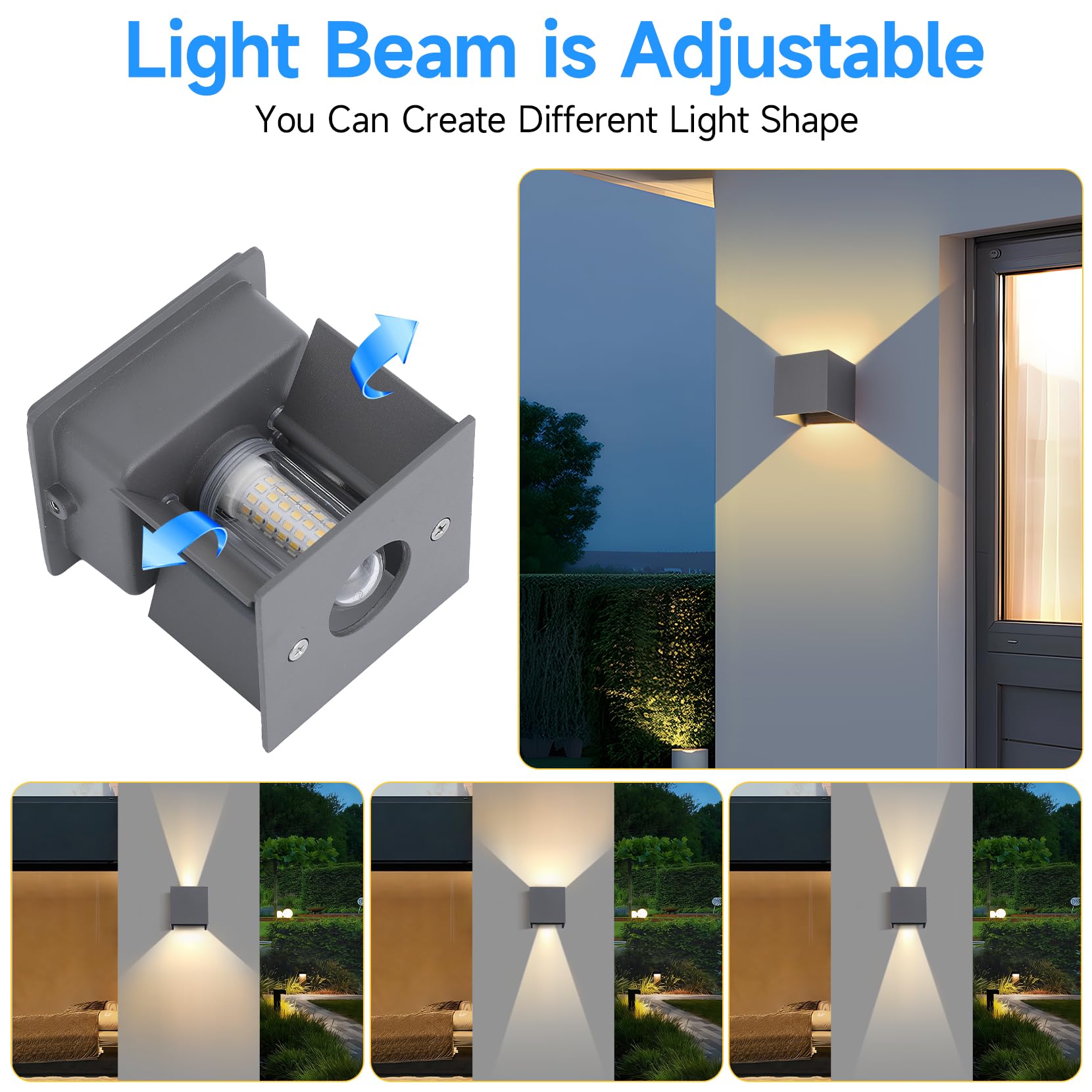 Applique da Parete Interno Esterno 4Pezzi,9W 4000K,Grigio scuro | Lampada moderna luce bianco neutro IP65 impermeabile, regolabile 0-120 gradi per corridoio camera da letto bagno.