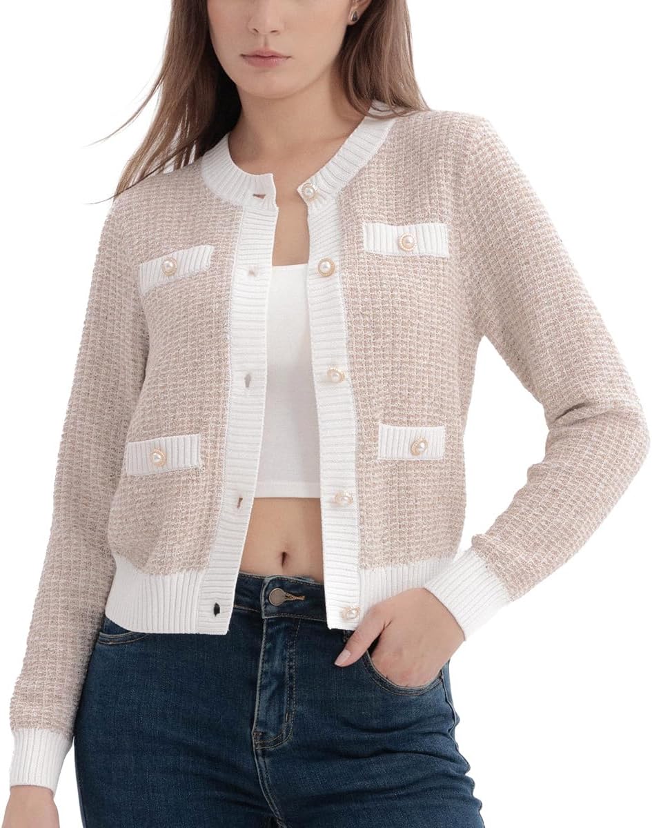 URBAN REVIVO Women's Cardigan Sweaters Open Front Pearl Button Down Long Sleeve Casual Lightweight Knit Trendy Fall Outfits