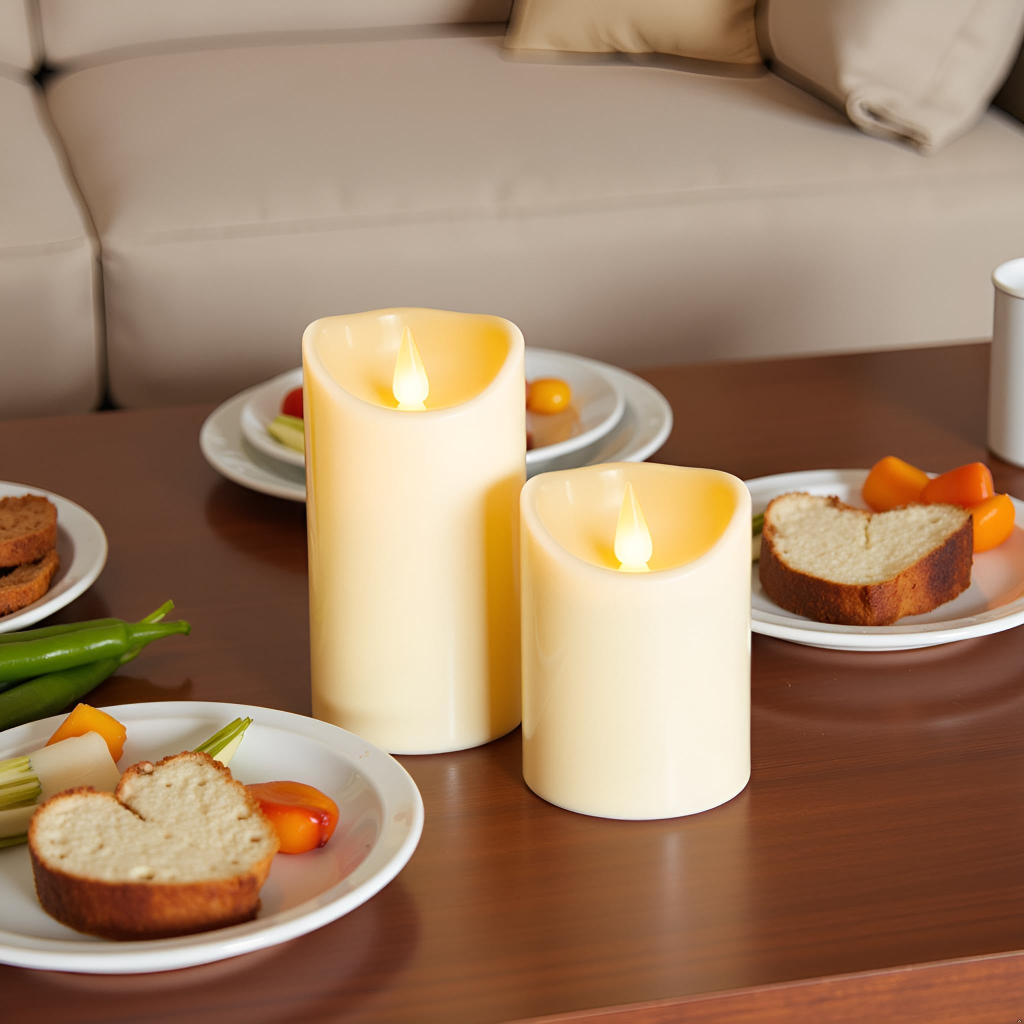 LEOSAN Velas LED sin llama, velas parpadeantes para interiores y exteriores, funcionan con pilas, temporizadores remotos, no se derriten, plástico marfil de 3 pulgadas de profundidad x 4 pulgadas de