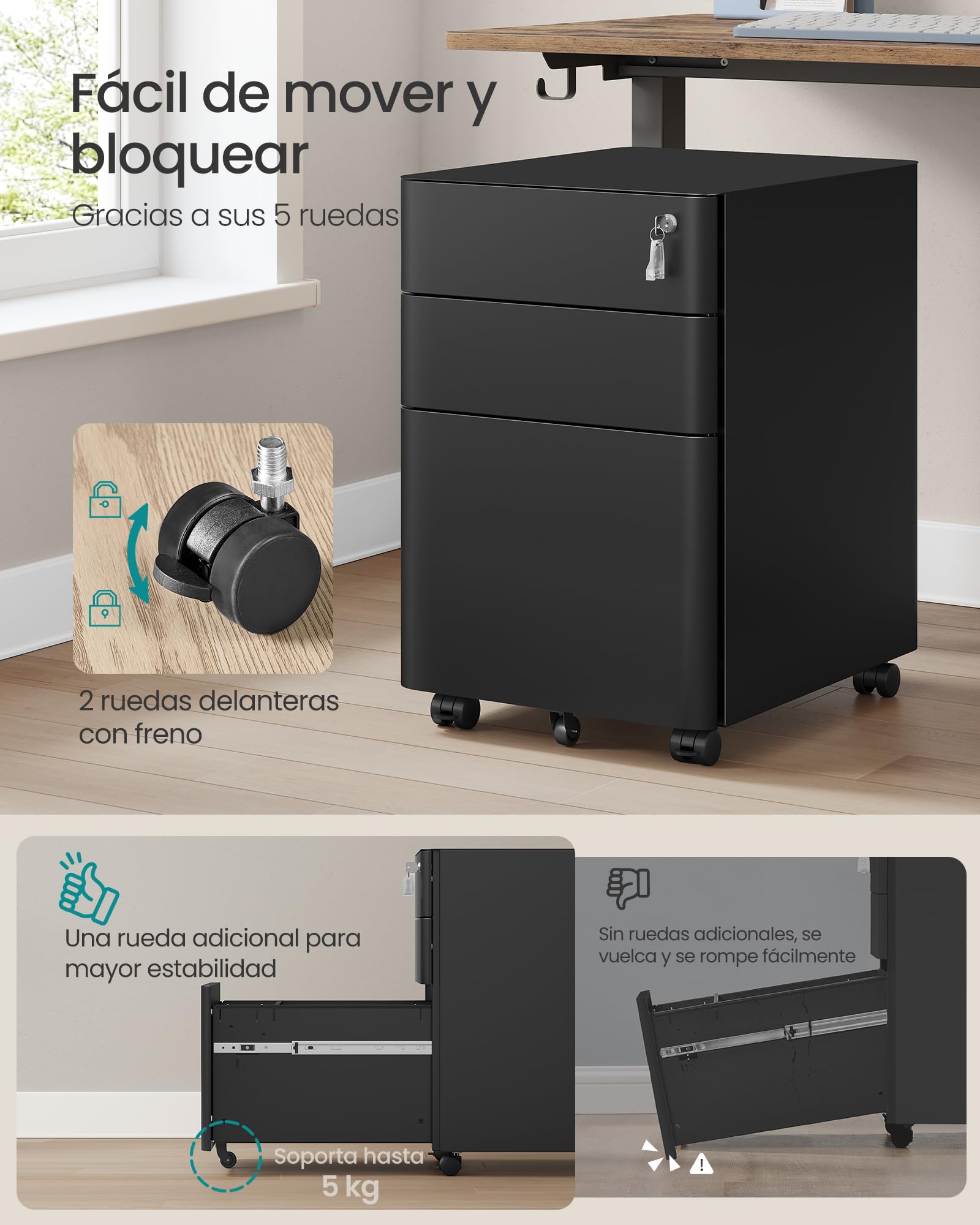 SONGMICS Cajonera Metálica con Ruedas, Mueble Archivador de Acero con 3 Cajones y Llave, 50 x 39 x 59 cm, Organizador para Oficina y Escritorio, Negro Mate, Colección Berend OFC032B101