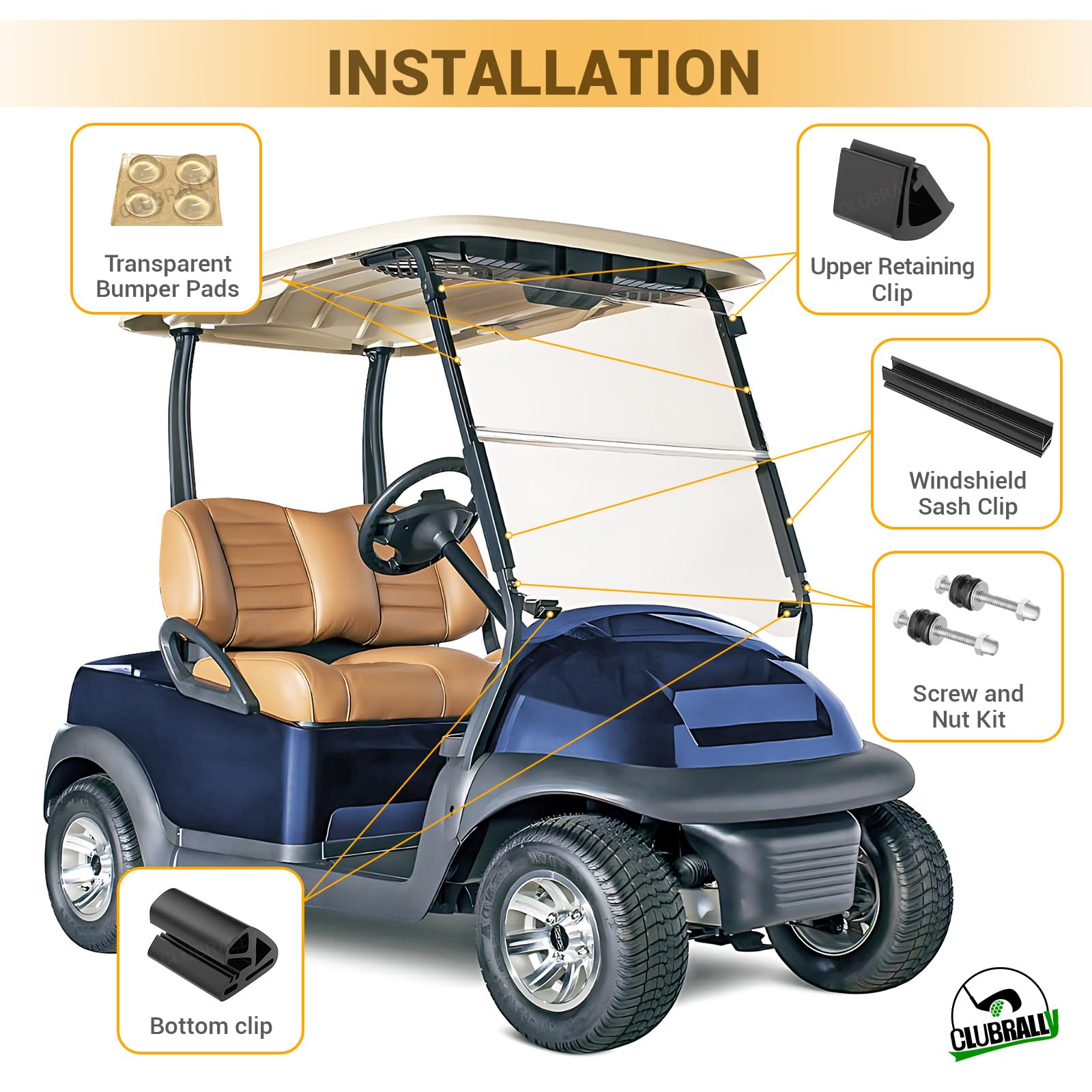 CLUBRALLY Club Car Precedent Golf Cart Windshield Retaining Clips Kits with Screw Nuts, OEM#1014441-01, 1021630-01