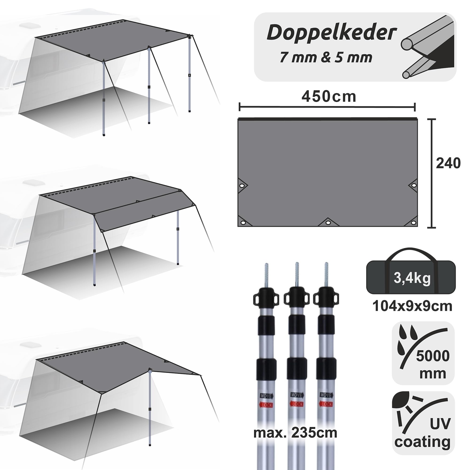 yourGEAR Voile d'ombrage pour caravane avec barres de support, protection UV 50+, imperméable 5000 mm, double passepoil 7 mm et 5 mm (gris, 450 x 240 cm)