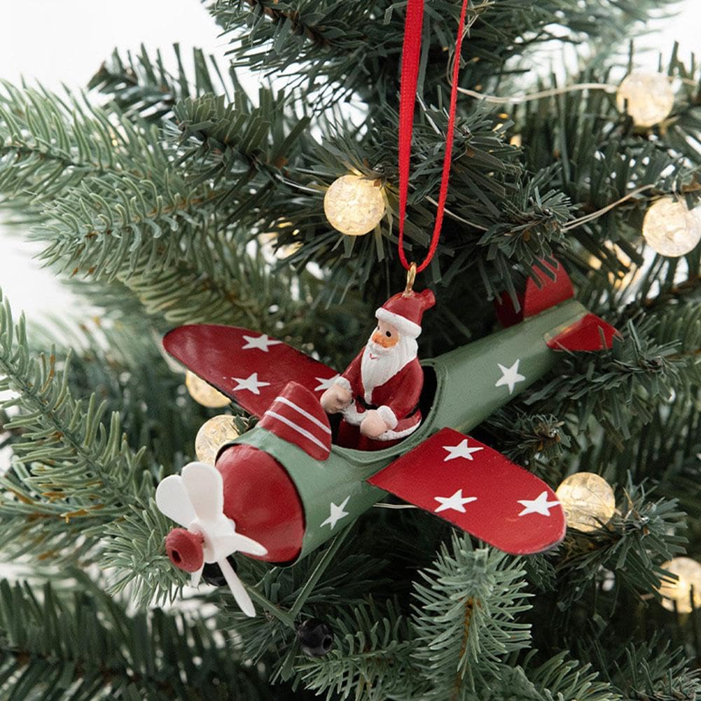 SHANGYU Adornos colgantes de Navidad, decoración de avión de Navidad, Papá Noel en avión, buzón pequeño, Papá Noel, alce, muñeco de nieve, decoración navideña vintage de pueblo de Navidad (A)