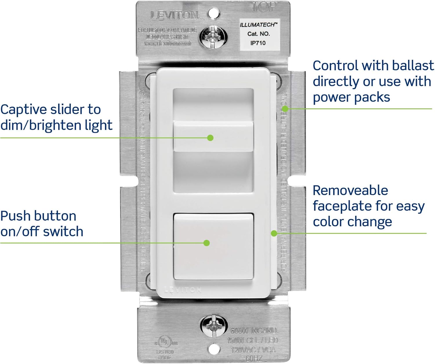 Leviton IllumaTech Slide Dimmer for LED 0-10V Power Supplies, 1200VA, 10A LED, 120/277 VAC, IP710-LFZ, White, Light Almond & Ivory