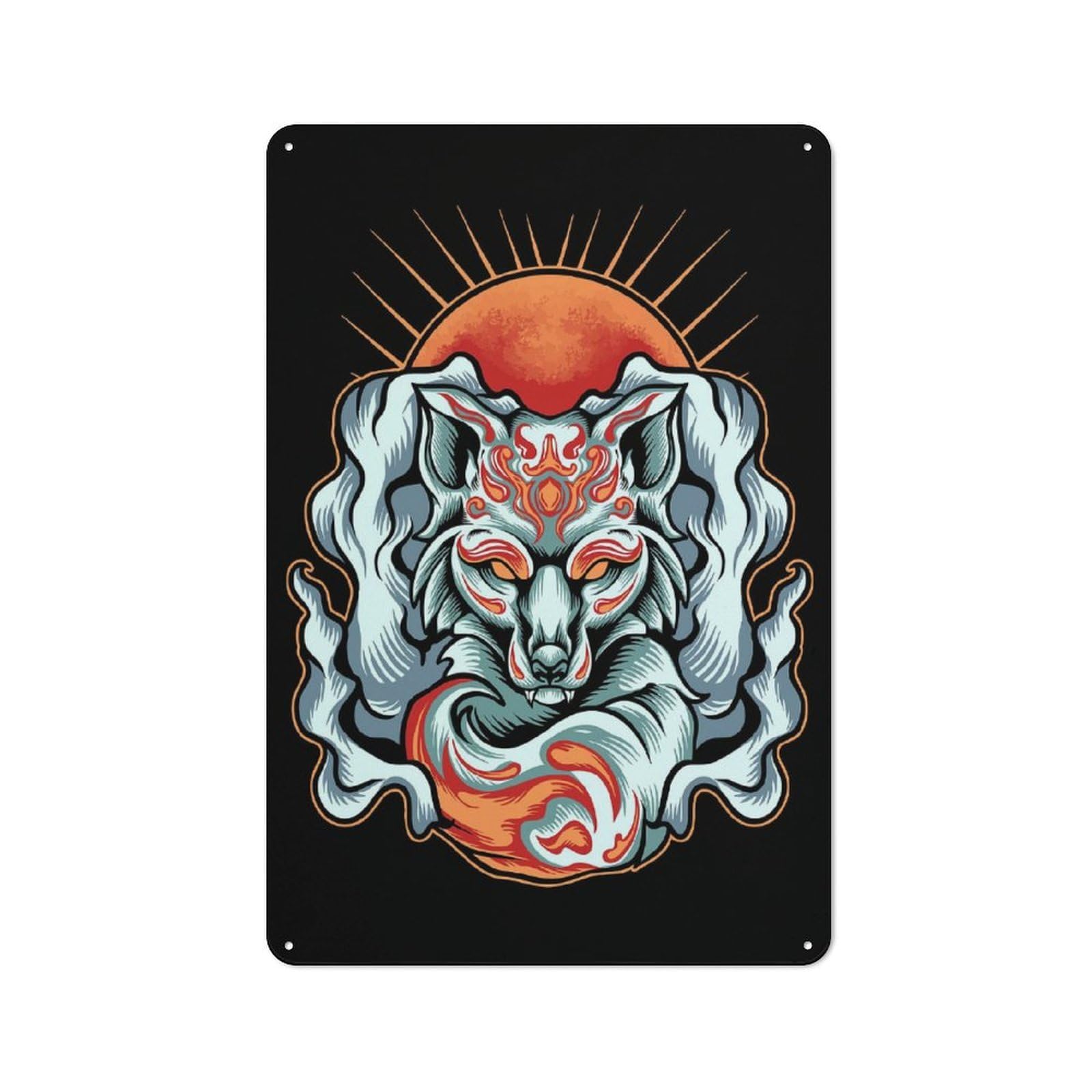 Junmoney Kitsune Fox Mask Ink Wash Vintage Tin Sign 30X20cm With For Bar Or Restaurant, For Kitchen, Dining Room And Home Bar Wall Decor