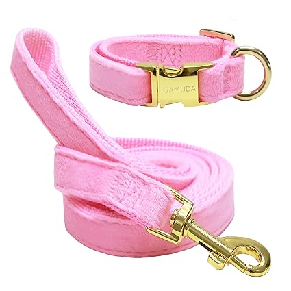 GAMUDA Velvet Dog Collar and Leash, Super Soft and Smooth, Heavy Duty Gold Buckle, Comfortable and Easy to Clean, Adjustable Collar for Dog (S, Pink)