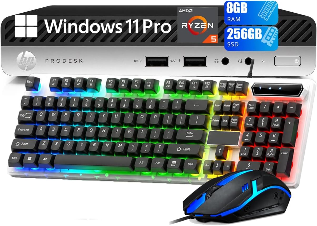 HP ProDesk 405 G4 Mini Desktop Computer, AMD Ryzen 5 2400G 3.6GHz Business Desktop PC, 8GB DDR4 RAM, 256GB SSD, Keyboard, Mouse, WiFi/Bluetooth, 4K Support, Windows 11 Pro(Renewed)