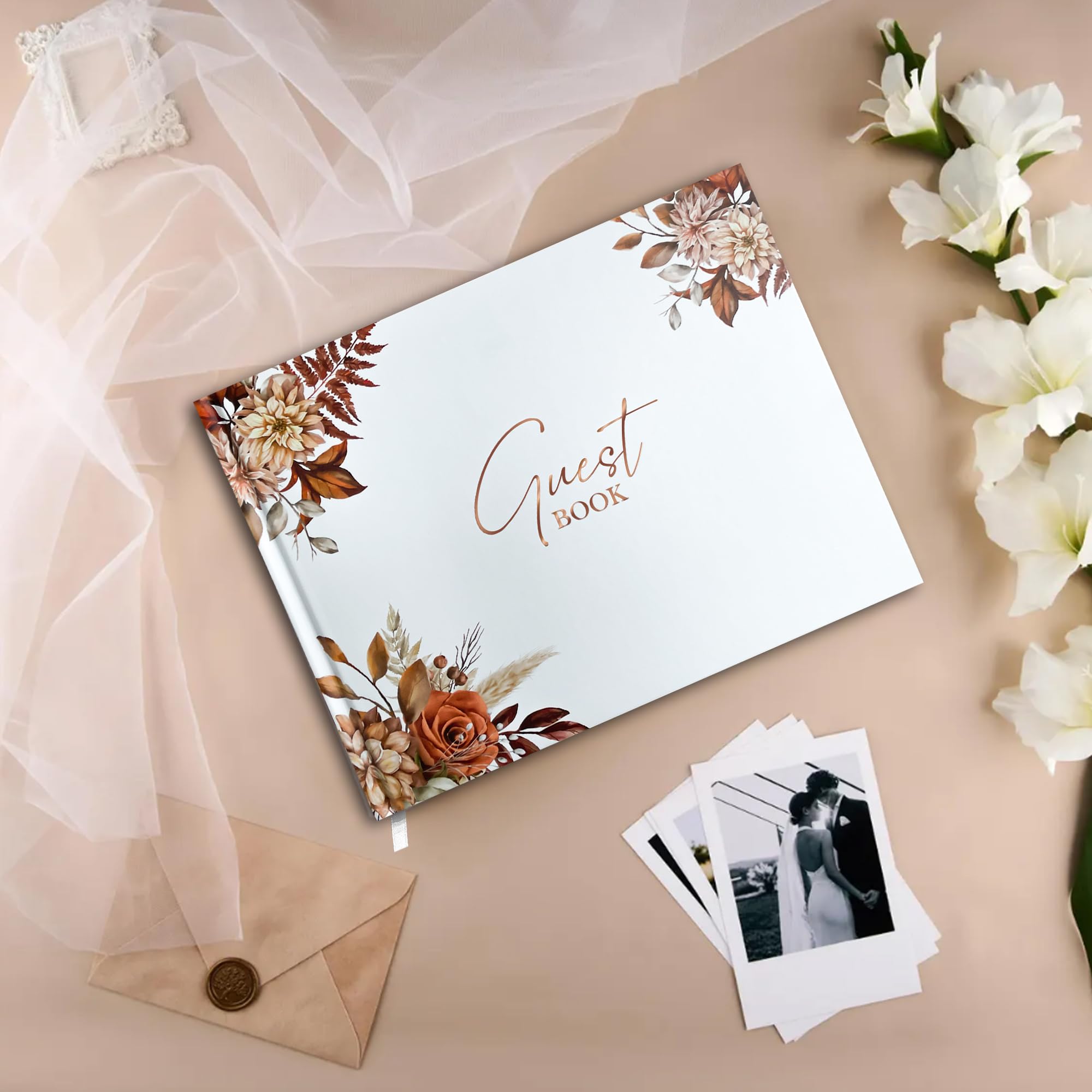 Mr&MrsGifts Elegancka księga gości weselnych przyjęcie weselne twarda okładka księga logowania gości na ślub, wieczór panieński i baby shower (kwiat)