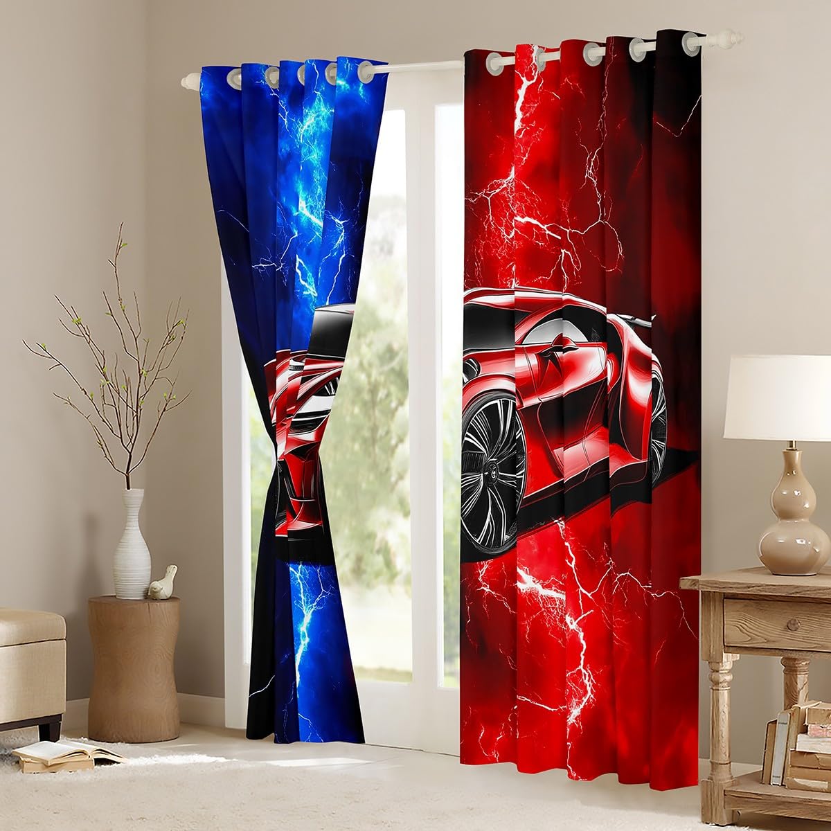 Homewish Rideau Occultant 30%-50% Voiture de Sport 117x137 cm, Rideau Enfant Garçon Voiture de Course, Rideau Voilage Éclairs, Voilage Fenetre Rouge et Bleu, pour Chambre/Salon Décoration de Fenêtre