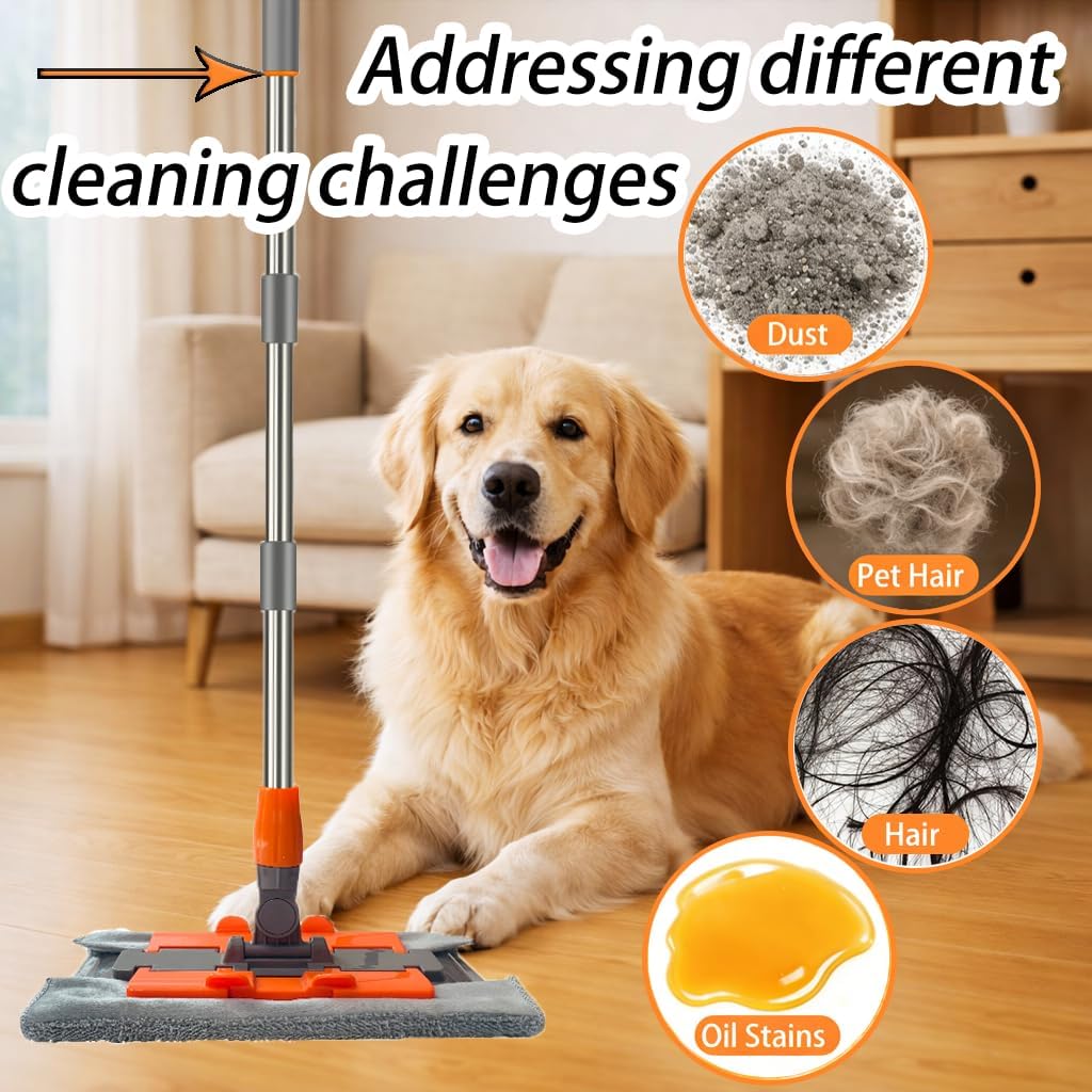 Professional Microfiber Mop Includes 2 Reusable Mops Head and 1 Scrub Brush Ideal for Hardwood and Tile Floor Cleaning Stainless Steel Telescopic Handle Rotating mop Head