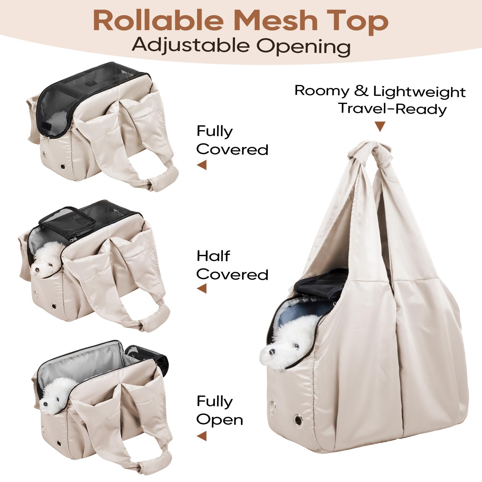 Dog Purse Carrier for Small Dogs, Cats, and Puppies – Soft-Sided Travel Pet Tote Bag with 4 Large Pockets, Foldable, Lightweight, Fits Pets up to 15 lbs, for Travel, Outings (Beige) - image 4