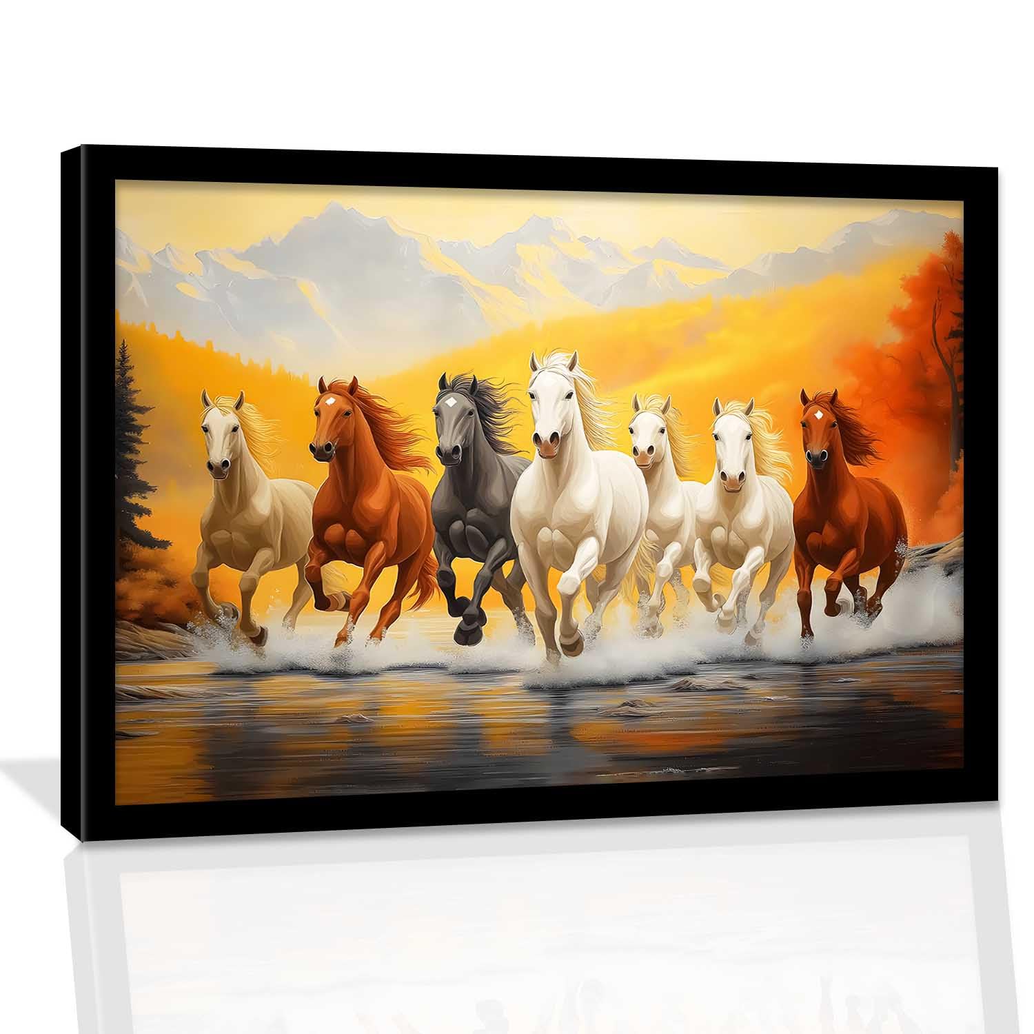 kotart Seven Running Vastu Lucky Horse Rising Sun Painting Wall Décor | 7 Horses Vastu Frame Wall Art Painting for Living Room Bedroom Office Home Décor Size 10×13 inch