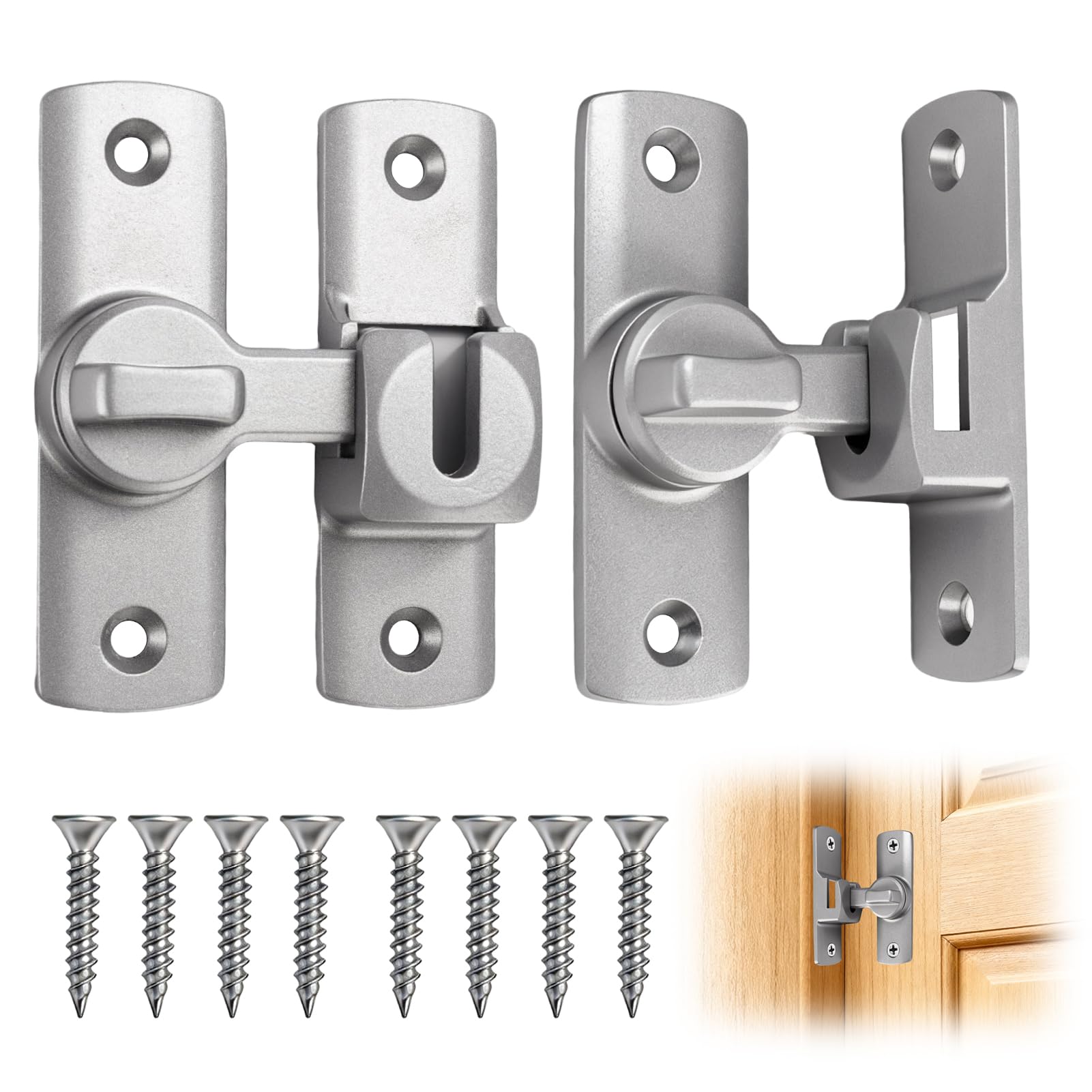Funver 2 Pack Aluminum Alloy Sliding Door Latches, Silver Sliding Door Lock with 90/180 Degree Flip Design for Interior Barn Doors Bathroom Bedroom Cabinet and Window Security
