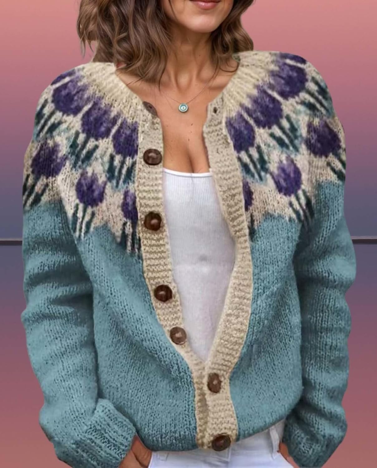 Women's Fair Isle Pattern Knit Cardigan Sweater Vintage Button Down Open Front Jacket Coat for Fall & Winter 2025 - Image 7