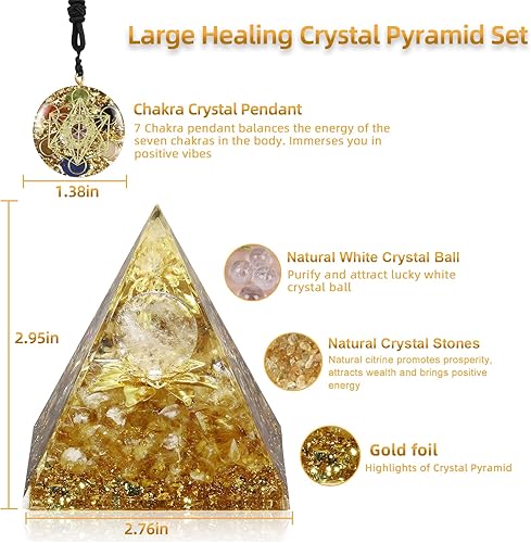 Miniatura 2 de Hopeseed Pirámide de orgón grande para energía positiva, cristal blanco de orgonita y piedras de citrino, juego de pirámide de cristales curativos