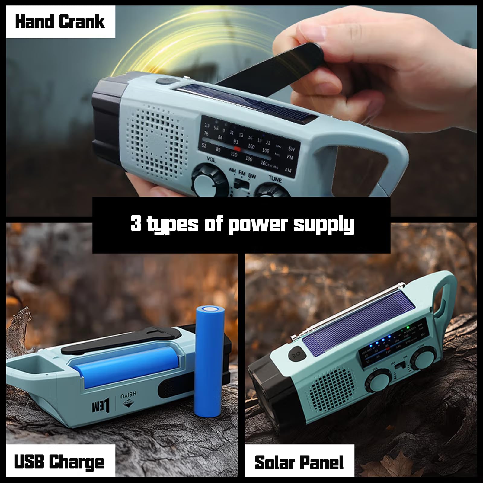 Radio Awaryjne, 2000mAh Radio na Korbkę ładowarka Słoneczna Power Bank Radios USB AM/FM z Alarmem SOS Latarka Małe Radiotelefon Kieszonkowe do Użytku Wewnątrz, Zewnątrz Kempingu