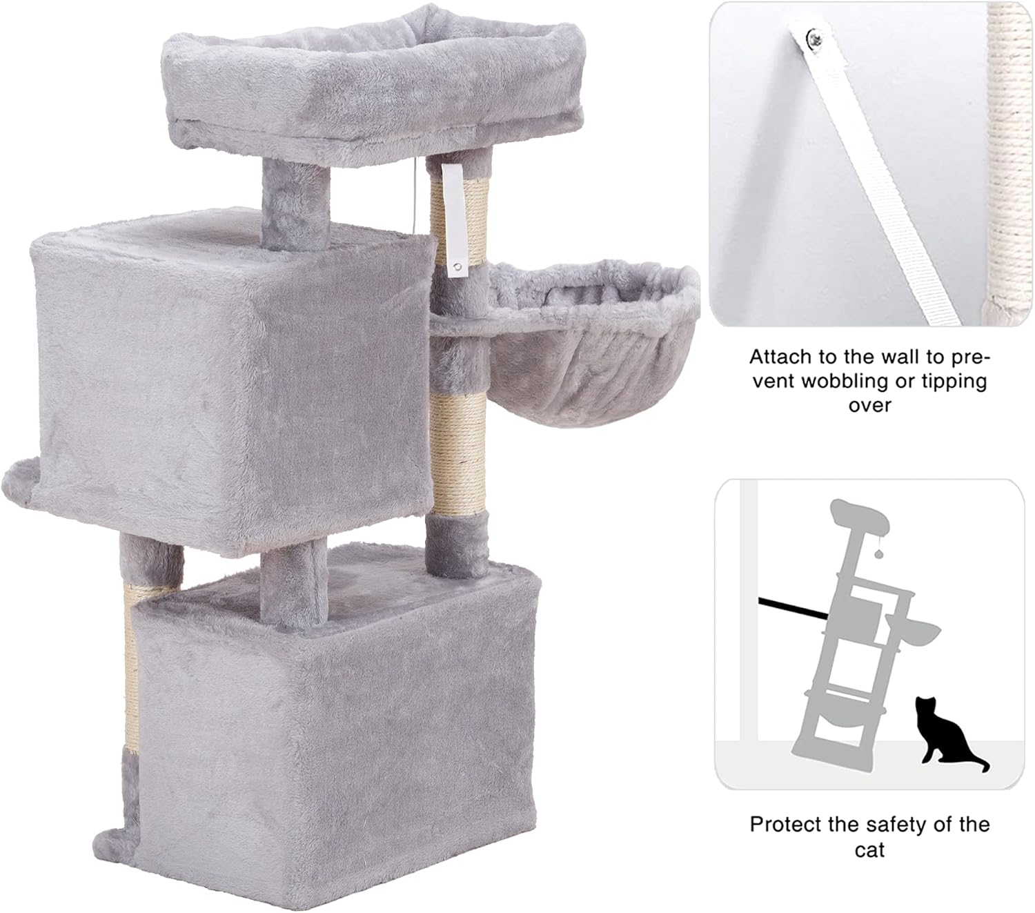 Hey-brother Cat Tree, Cat Tower with 2 Cozy Plush Condos,Sisal Posts,Basket, Light Gray MPJ005SW