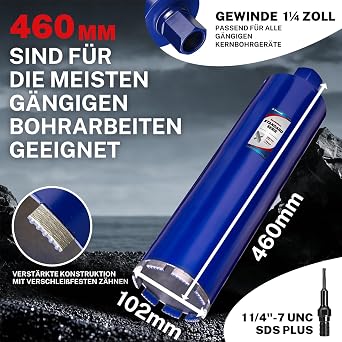 102 mm Core Drill with SDS Plus (1-1/4 Inch) - 410 mm Cutting Depth - Wet Drilling Diamond Drill Bit for Reinforced Concrete, Masonry, Stone, Brick (460 mm Total)